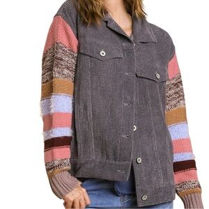 NWT Umgee Gray Corderoy Shacket with Multicolor Striped Sleeve Size Medium